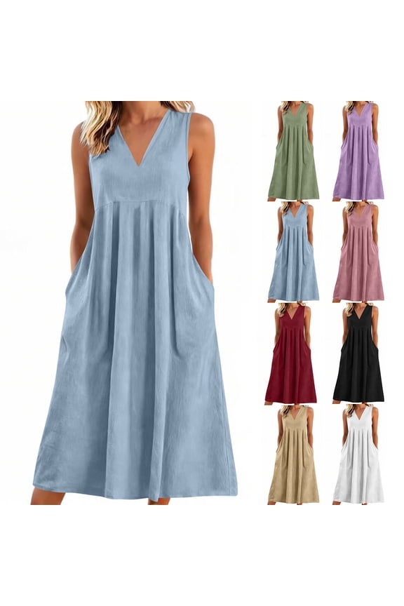 Long Dresses for Women Moomoo Cotton Linen Plus Size Tank Dress Black Sleeveless V Neck Womens Sundress with Pockets
