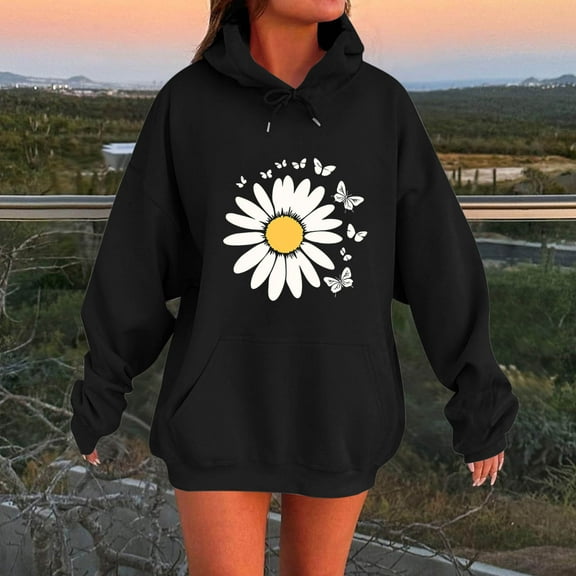 Sakmal Long Hoodies Women Cute Black Tops Sunfloral Loose Fit Hoodies for Women
