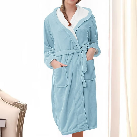 Sakmal Long Length Women's Robes with Hood Plus Size Kimono Fleece Flannel Bathrobe for Women Soft Blue Robe for Women XL