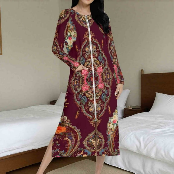 Sakmal Long Length Womens Robes Satin Zip Front Plus Size Bathrobe for Women Soft Womens Robe with Pockets