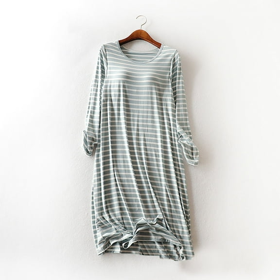 Sakmal Long Moo Moo Nightgown for Women Comfy Plus Size Green Cotton Night dress Striped Long Sleeve Nightgowns for Women