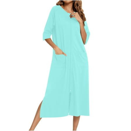 Sakmal Long Moomoos for Women Sleep Lightweight Full Zip Blue Sleepshirt Solid Long Sleeve Nightgowns with Pockets
