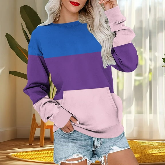 Sakmal Long No Hoodie Womens Sweatshirts Purple Pullover Color Block Sweatshirts Soft Fall Clothes 2025 with Pockets