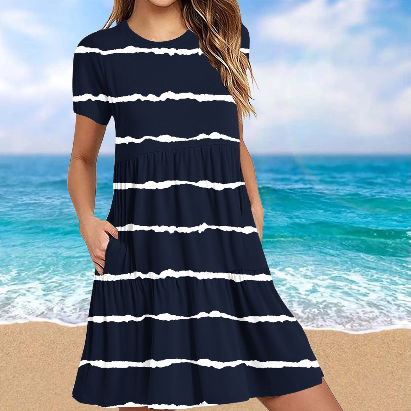 New blue dotted sundress plus size cotton summer dresses navy