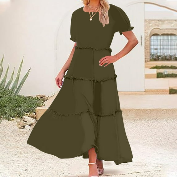 Sakmal Long Plus Size Summer Dresses Green Crew Neck Short Sleeve Ruffle Tiered Solid Sundress