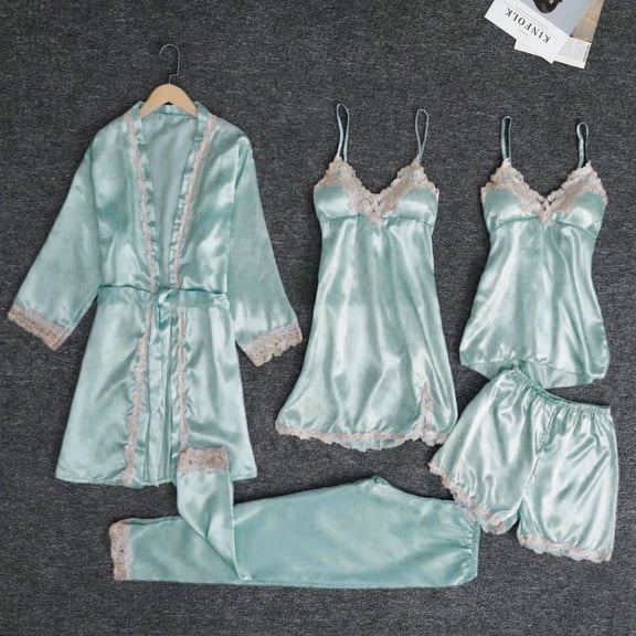 Sakmal Long Robes for Women Satin Plus Size Lightweight 5PC Bathrobe for Women Blue Soft Robe for Women 3XL