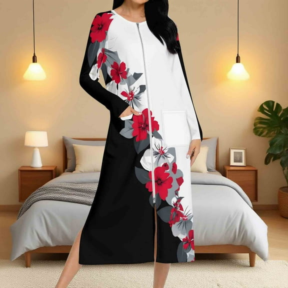 Sakmal Long Robes for Women Satin Zip Front Lightweight Loungewear for Women Cozy Robe for Women with Pockets