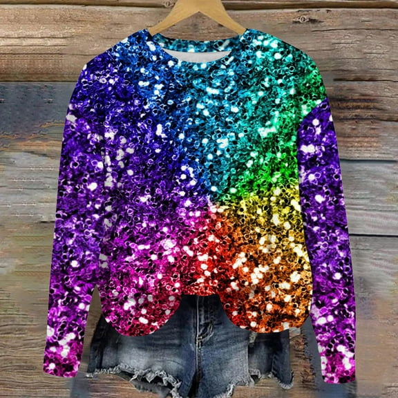 Sakmal Long Sleeve Blouses for Women Party Crew Neck Night Club Sequin Shirts Purple Blouses Womens Summer Tops