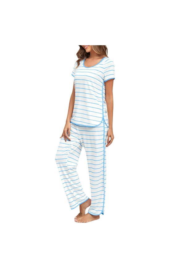 Long Sleeve Casual Pajamas Sets for Women 2024 Blue Comfy Striped Opening Sleepwear for Ladies
