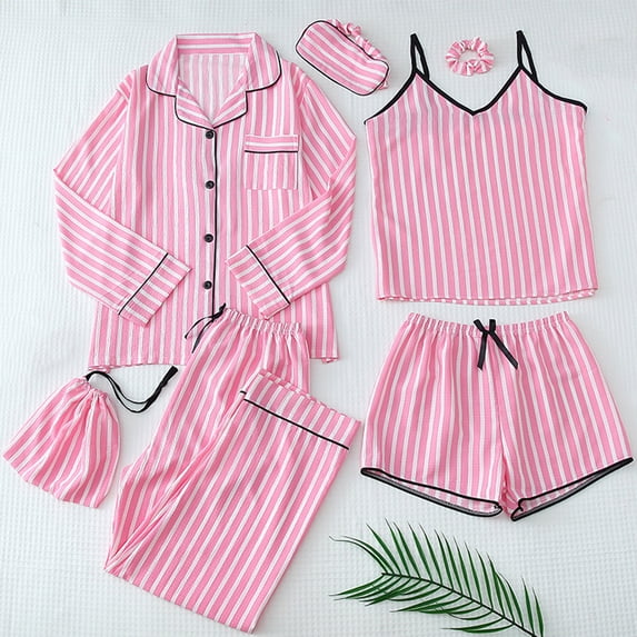 Sakmal Long Sleeve Casual Pajamas Sets for Women 2024 Pink Suitable for All Seasons Striped 7 Piece Night Shirts for Women Sleepwear