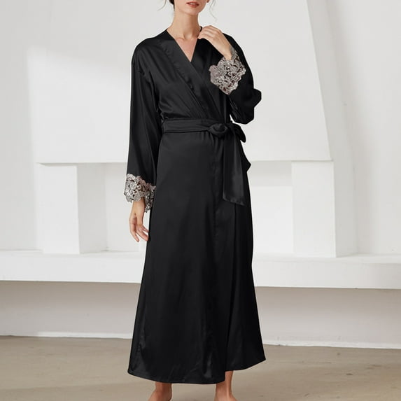 Sakmal Long Sleeve Casual Pajamas Sets for Women Black Opening Satin Solid Robe Ladies Pajamas