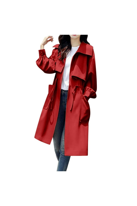 Long Sleeve Coats for Women Plus Size Casual Red with Hoods with Pockets Lightweight Solid Trench Jackets for Women Plus Size