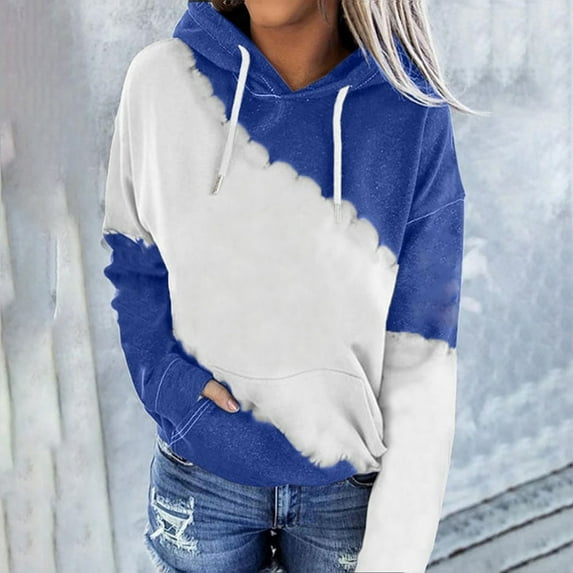 Sakmal Long Sleeve Ladies Tops Under $5 Blue Patchwork Crew Neck Dropped Shoulder Hoodies Ladies Shirts