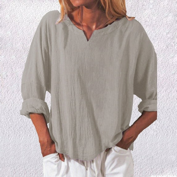 Sakmal Long Sleeve Ladies Tops Under $5 Gray Solid V-Neck Blouses Womens Shirts