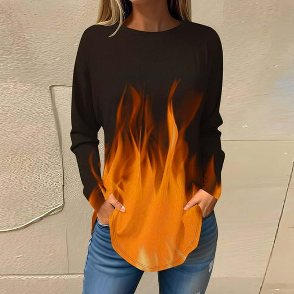 Sakmal Long Sleeve Ladies Tops Plus Size Orange Graphic Flame Crew Neck Tunic Ladies Shirts and Tops