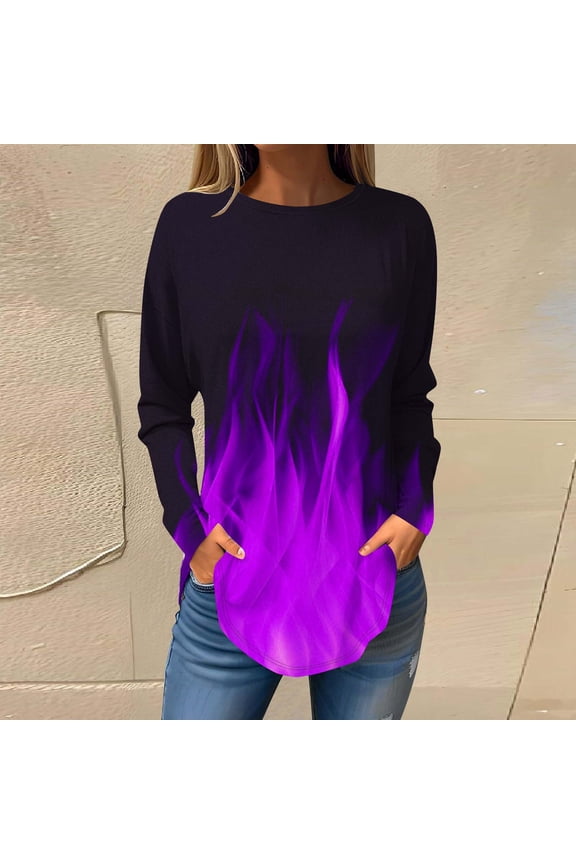 Long Sleeve Ladies Tops Plus Size Purple Graphic Crew Neck Flame Tunic Ladies Shirts