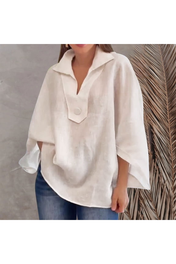 Long Sleeve Ladies Tops and Blouses Loose Fit V-Neck Plus Size Cotton and Linen Shirts White Blouses Workout Tops for Women
