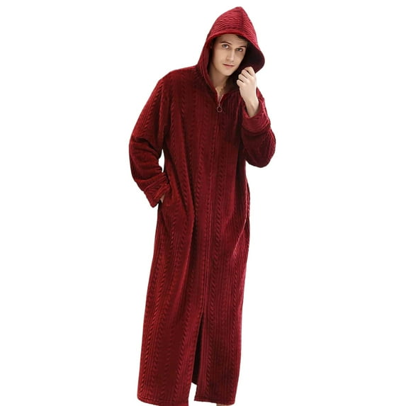 Sakmal Long Sleeve Mens Moomoo Nightgowns Fleece Comfy Flannel Sleepwear Red Hooded Mens Nightgown with Pockets