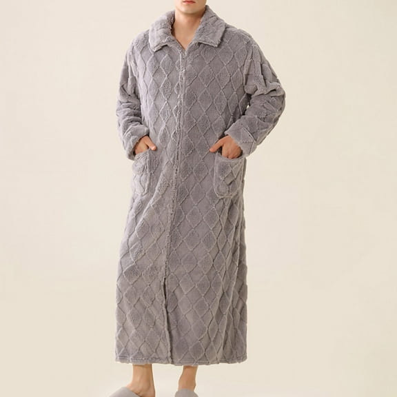 Sakmal Long Sleeve Moo Moo for Men Fleece Flannel Soft Pajama Sleep Dress Collared Gray Nightgowns for Men with Pockets