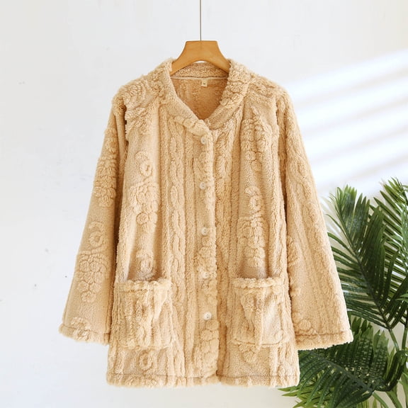 Sakmal Long Sleeve Pajama Tops Women Fleece Button Up Flannel Fuzzy Sleepwear Yellow Crew Neck Sleepwear for Women M