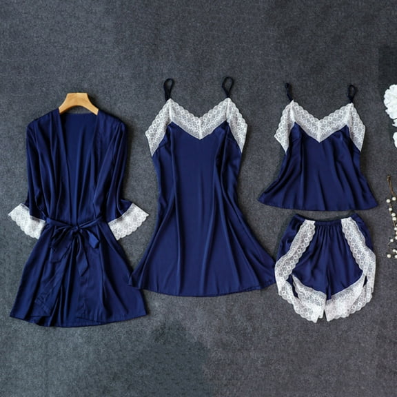 Sakmal Long Sleeve Pajamas Sets for Women Blue Shorts Pant Solid Lace Satin 4 Piece Ladies Sleepwear Plus Size