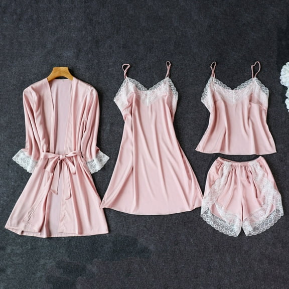 Sakmal Long Sleeve Pajamas Sets for Women Pink Shorts Pant Solid Satin Lace 4 Piece Ladies Sleepwear Plus Size