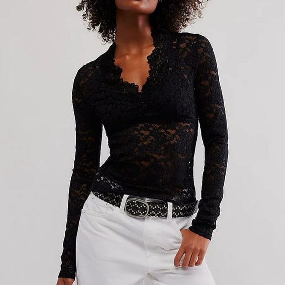 Sakmal Long Sleeve Shirts Womens See Through V-Neck Lace Sexy Sheer Shirts Black Blouses Summer Tops
