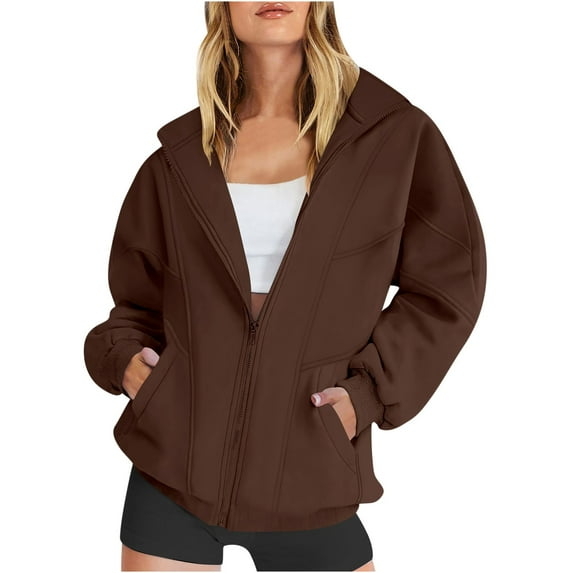 Sakmal Long Sleeve Sleeve Coats for Women Athleisure Brown Lightweight Sports Solid with Pockets Ladies Jackets