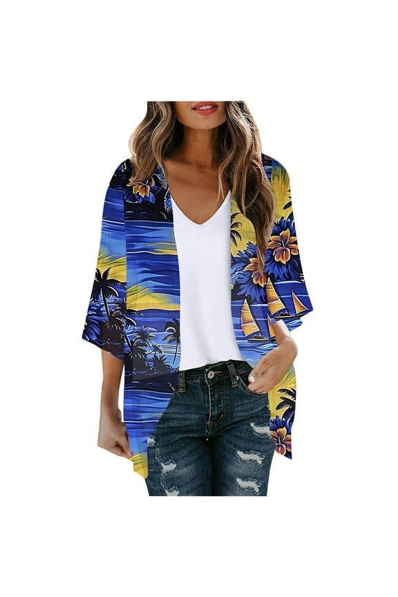 Long Sleeve Sleeve Coats for Women Casual Blue Lightweight Graphic Loose Fit Chiffon Cardigan Flowy Jackets for Women Plus Size