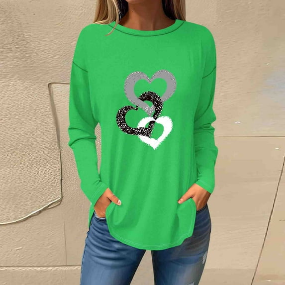 Sakmal Long Sleeve Summer Tops for Women Green Crew Neck Love Heart Tunic Womens Shirts Plus Size