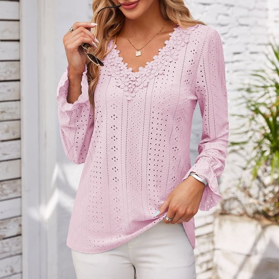 Sakmal Long Sleeve Summer Tops for Women Pink Solid Hollow V-Neck Lace T-Shirts Womens Shirts for Summer