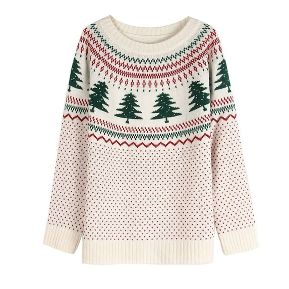 Sakmal Long Sleeve Sweaters Women Knit Pullover Christmas Tops Beige Crew Neck Casual Christmas Trees Print Sweaters for Women