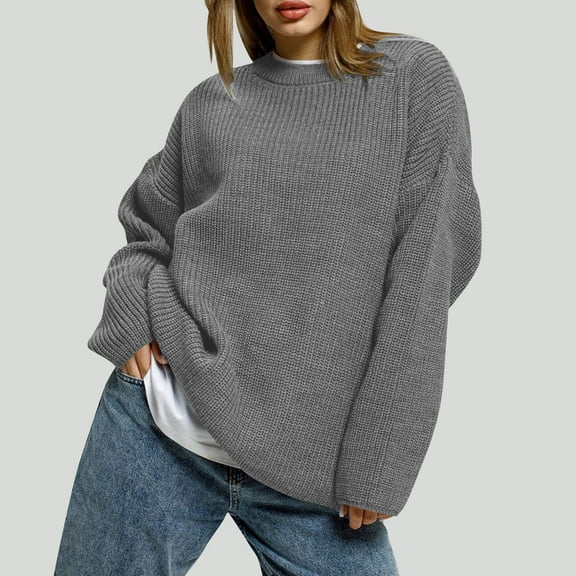 Sakmal Long Sleeve Sweaters for Women Pullover Knit Ribbed Tops Gray Crew Neck Trendy Sweaters for Women