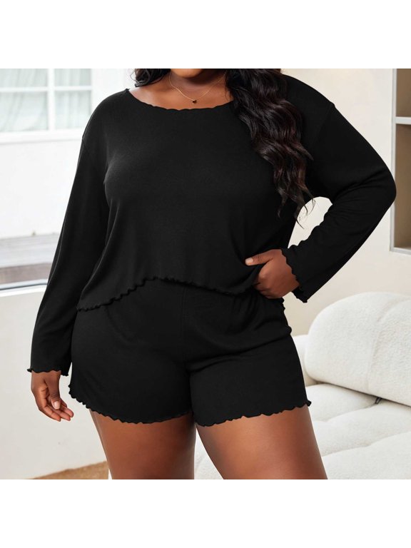 Long Sleeve Women Pajama Sets 2pc Cooling Plus Size Black Top and Shorts Cute Round Neck Loose Fit Soft Women Sleepwear XL-5XL