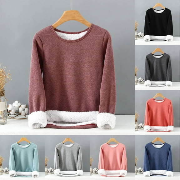 Sakmal Long Sleeve Womens Pajama Tops Fleece Fuzzy Pullover Loungewear Black Crew Neck Loungewear for Women L