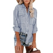 SAKMAL Long Sleeve Womens Plus Size Tops Blue Collared Striped Button-Up Shirts Womens T Shirts