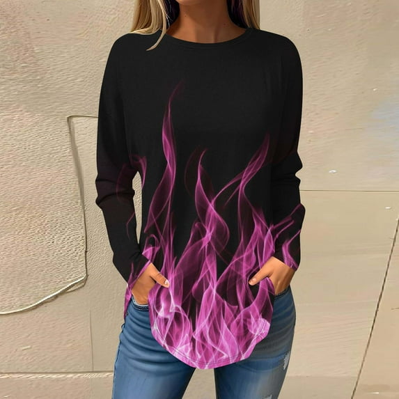 Sakmal Long Sleeve Womens Plus Size Tops Pink Crew Neck Graphic Flame Tunic Plus Size Ladies Shirts