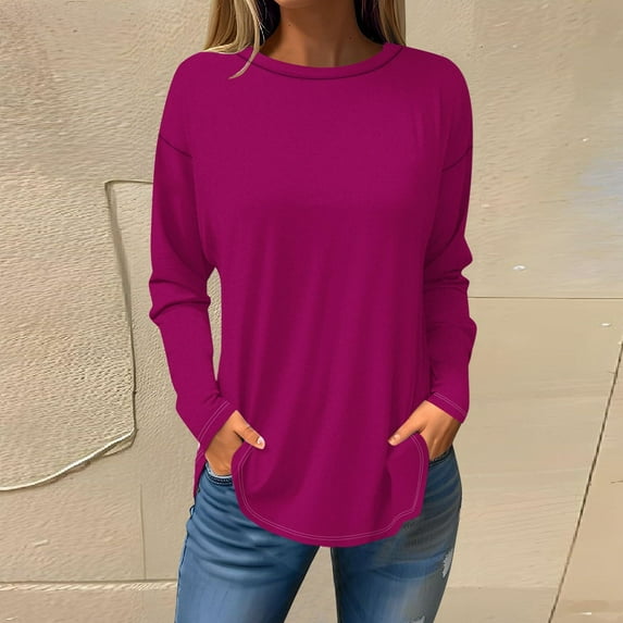 Sakmal Long Sleeve Womens Plus Size Tops Purple Crew Neck Solid Tunic Womens Shirts Under $5
