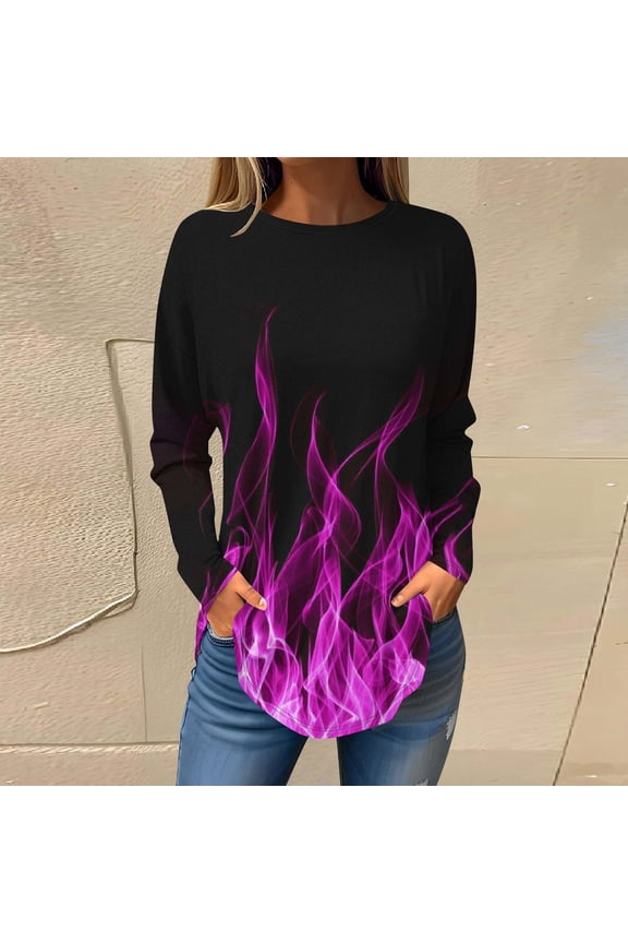Long Sleeve Womens Plus Size Tops Purple Flame Crew Neck Graphic Tunic Womens Shirts