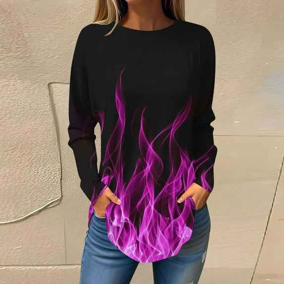 Sakmal Long Sleeve Womens Summer Tops Purple Crew Neck Flame Graphic Tunic Womens T Shirts