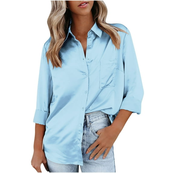 Sakmal Long Sleeve Womens Tops Under $5 Solid Pocket Collared Button Tunic Womens Shirts