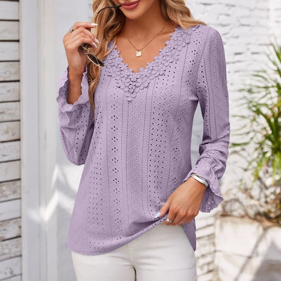 Sakmal Long Sleeve Womens Tops Purple Lace Hollow Solid V-Neck T-Shirts Ladies Shirts $5,XXL