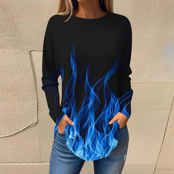 Sakmal Long Sleeve Womens Tops  Under $5 Blue Flame Crew Neck Graphic Tunic T Shirts for Women