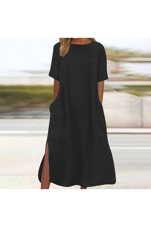 Long Spring Dresses Shift Short Sleeve Crew Neck Black Dresses ,Sizes S-2XL