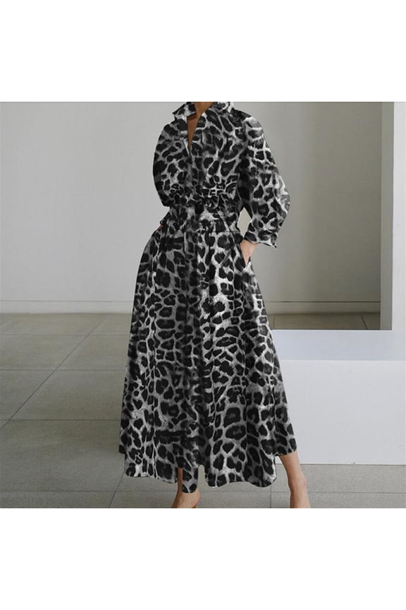 Long Summer Dresses Flowy V Neck Shirt Dress Long Sleeve Leopard Print Gray Dresses S-5XL