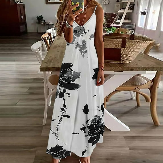 Sakmal Long Summer Dresses for Women 2024 V-Neck Floral Sleeveless Pleated Loose Fit Slip Dress