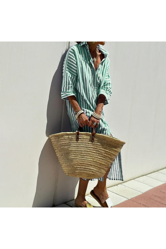Long Summer Dresses for Women 2025 Long Sleeve Shirt Dress Striped Green Dresses S-2XL