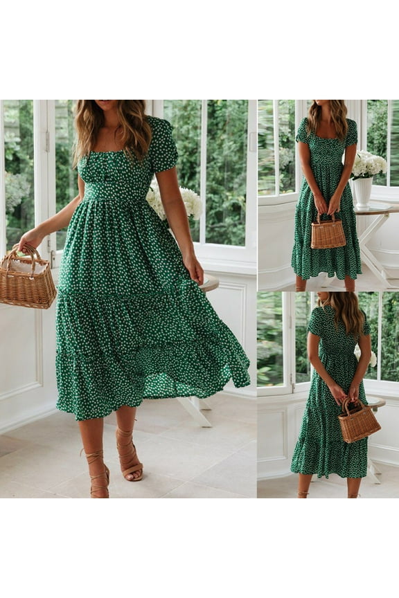 Long Summer Dresses for Women Fit & Flare Dresses Pleated Tiered Casual Boho Short Sleeve Ladies Dresses Plus Size