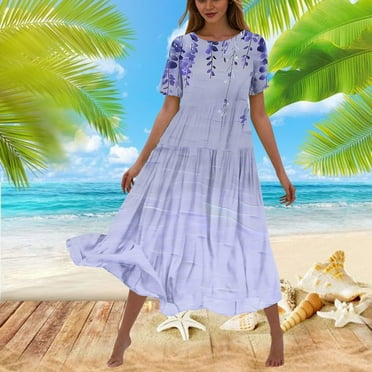 Sakmal Long Summer Dresses for Women Clearance Under $10 Purple Crew Neck Flowy Short Sleeve Loose Fit Floral A-Line Dress