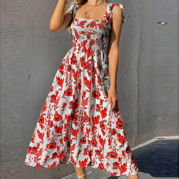 Sakmal Long Womens Dresses Spring Derby Elegant Red Sundress Dress Sleeveless Floral Dresses